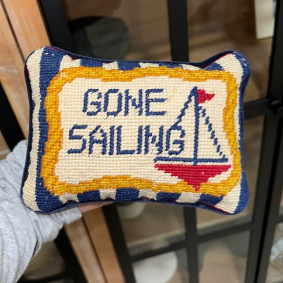Vintage Needlepoint pillow Gone Sailing nautical two’s company mini navy boat - Picture 2 of 7